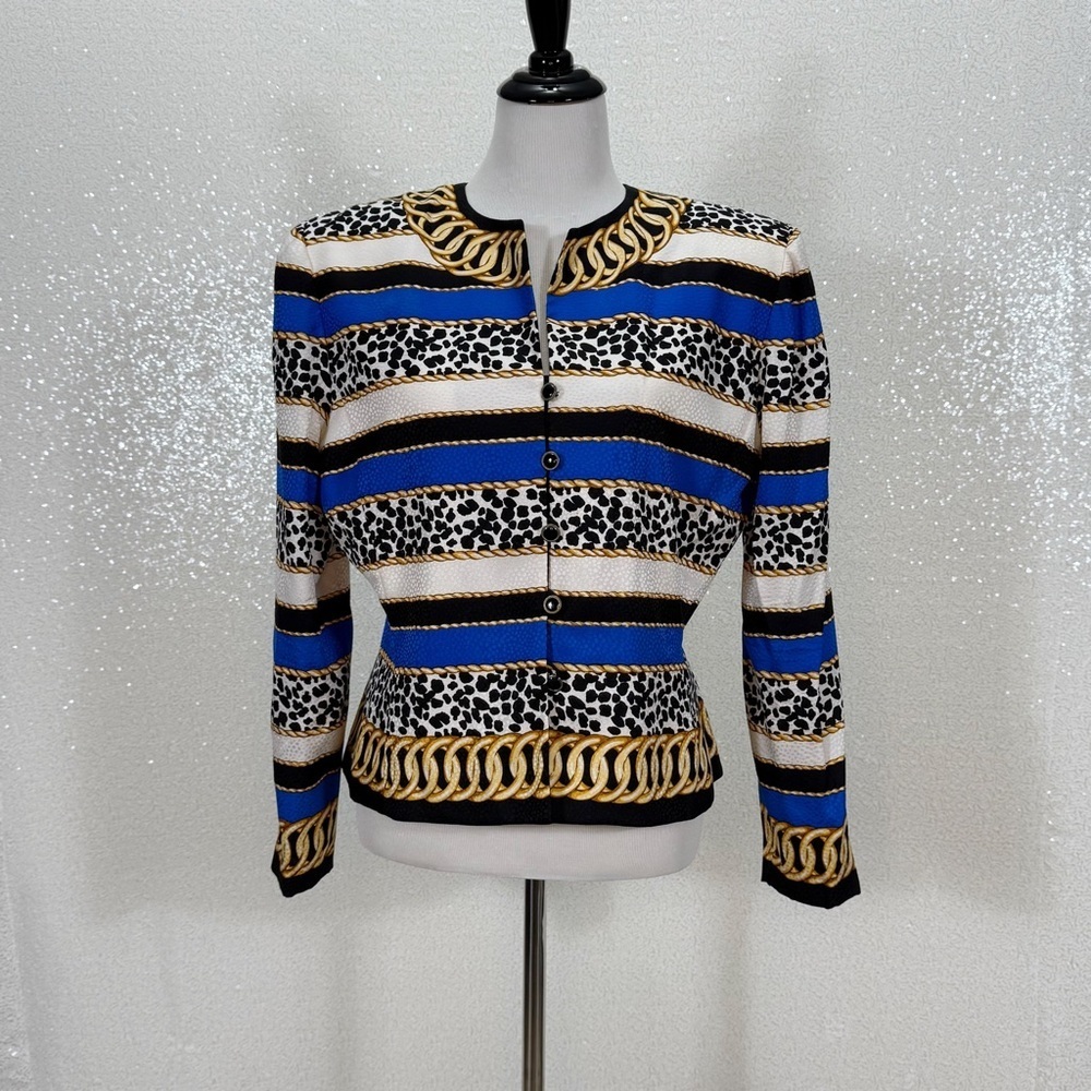 Adrianna Papell 100% Silk Chain Leopard Print Jacket Blazer Blue Gold Size 14 - Picture 5 of 11